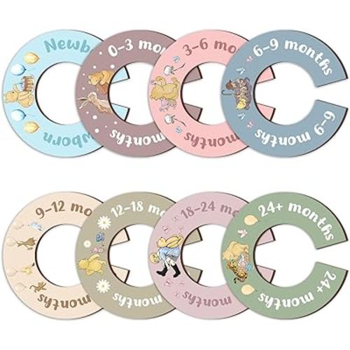 8Pcs Winnie Baby Closet Dividers, Colorful Round Baby Clothes Dividers for Closet, Newborn Baby Stuff for Baby Boys Girls, Wooden Double-Sided Baby Hanger Organizer from Newborn to Toddler