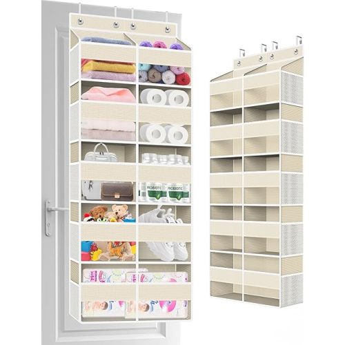 Over The Door Organizer Multi Pocket,5 Tier Large Hanging Shelf for Storage Kids Toys, Diapers, Clothes,Yarn,Heavy Duty Behind Door Storage for Bedroom Bathoom Nursery Closet Pantry,Beige
