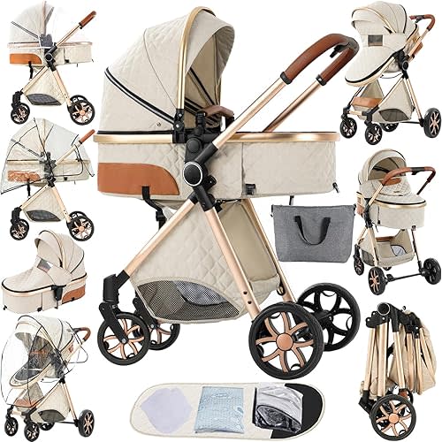 2 in 1 Baby Stroller Reversible Portable Standard Stroller Convertible Pushchair Infant Buggy Baby Carriage Foldable High Landscape Pram for Toddler Newborn (225 Creamy White)