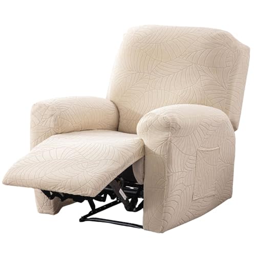 vctops Water Repellent 4 Pieces Recliner Chair Cover with Side Pocket Leaf Jacquard Stretch Soft Recliner Slipcover Furniture Protector with Elastic Bottom(Beige,1 Seat)