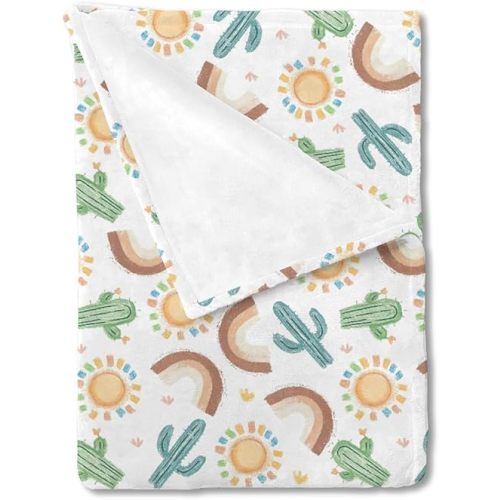 Boho Western Desert Baby Blanket for Boy Girl Green Cactus Rainbow Sun Soft Flannel Swaddle Receiving Blankets Desert Plants Landscape Newborn Toddler Nursery Crib Bed Throw Blanket 30x40