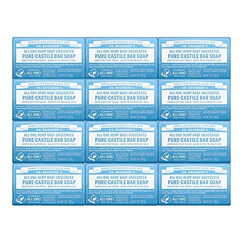 Dr. Bronner's - Pure-Castile Bar Soap (Baby Unscented, 5 Ounce, 12-Pack) - Made with Organic Oils, For Face, Body & Hair, Gentle for Sensitive Skin & Babies, No Added Fragrance, Biodegradable, Vegan