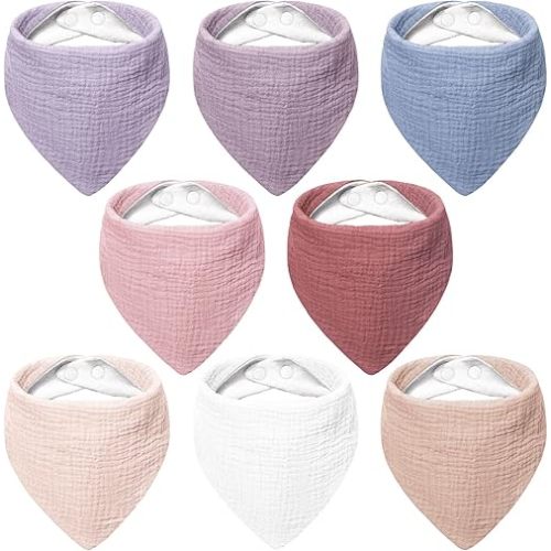 Bearmoss Muslin Baby Bibs 8 Pack Soft Bandana Bibs for Drooling & Teething, Absorbent Burp Cloths with Adjustable Snaps