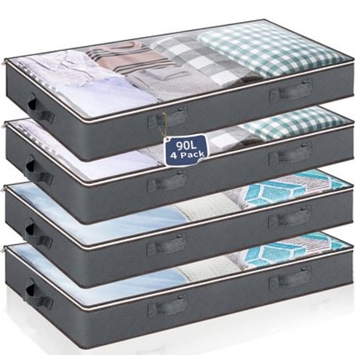 4 Pack 90L Under Bed Storage Bags with Reinforced Handles, Visible Underbed Storage, Toy Organizers and Wrapping Paper Storage Bags, Breathable Non-woven Closet Storage for Blanket, Comforter, Bedding