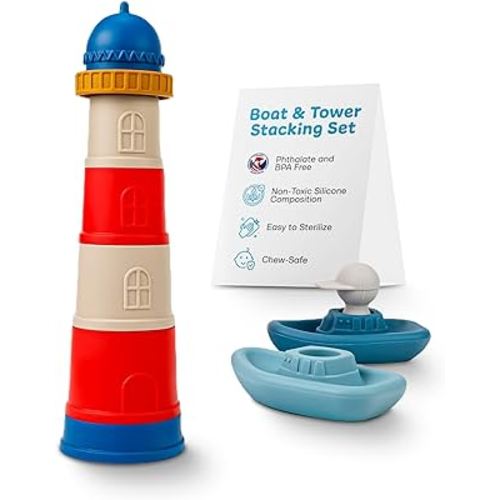 elbebe Boat and Tower Bath Toys Set - 1 Lighthouse Stacking Blocks, 2 Toy Boat - Baby Toys, Bathtub Toys as Toddler Sensory Toys, Stacking Cups Toddler Bath Toys, Baby Bath Essentials, Kids Bath Toys