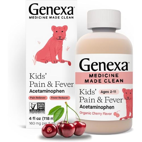 Genexa Children's Clean Acetaminophen | Pediatrician Preferred Ingredients | Pain & Fever Reducer for Kids | Dye Free, 0% Artificial Additives | Ages 2-11, Delicious Organic Cherry Liquid, 4 fl oz