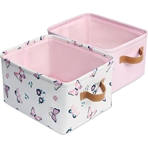 2 Pack Kids Storage Bins Including Butterfly Basket and Pink Basket - Baby Hamper for Nursery Girl - Collapsible Baskets for Toys, Diaper, Baby Shower Gifts - 8" x 5.2" x 10"