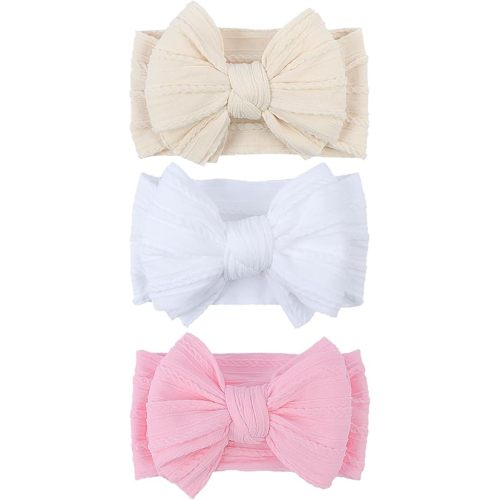 Handmade Baby Girls Headbands Soft Stretchy Nylon Hair Bands Hair Accessories with Bows for Newborn Baby Girls Infant Toddlers Kids (Light Pink White Light Beige)