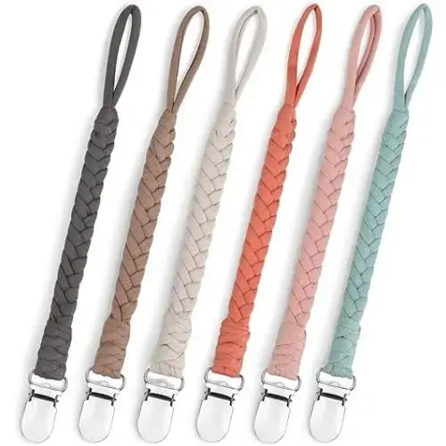 Pacifier Clip for Boys and Girls, Handmade Braided Cotton Baby Pacifier Holder Leash Smoother Clip Fits All Pacifiers Modern Unisex Baby Shower Set 6 Pack