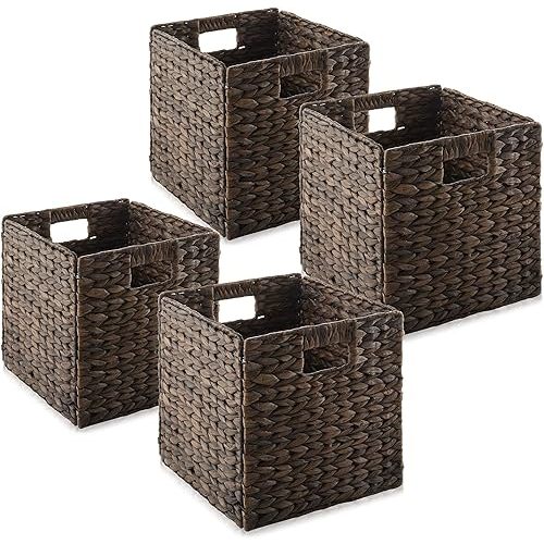 Casafield 10.5" x 10.5" Water Hyacinth Storage Baskets, Espresso - Set of 4 Collapsible Cube Organizers, Woven Bins for Bathroom, Bedroom, Laundry, Pantry, Shelves