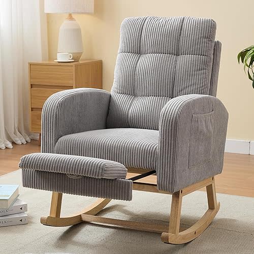NIOIIKIT Nursery Rocking Chair, Corduroy Upholstered Rocking Chair with Adjustable Footrest, Tufted Rocker Chair with Side Pocket, Glider Rocker for Living Room, Bedroom (Retro, Gray)