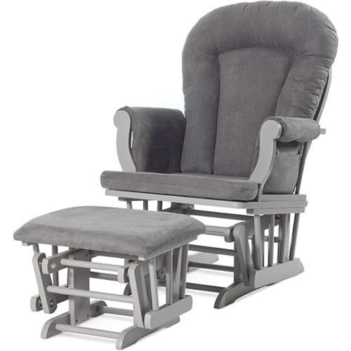Child Craft Cozy Glider Rocker and Ottoman Set, Smooth Quiet Gliding Motion, Padded Cushion with Convenient Storage Pockets, Solid Wood Base & Frame (Cool Gray with Dark Gray Cushion)
