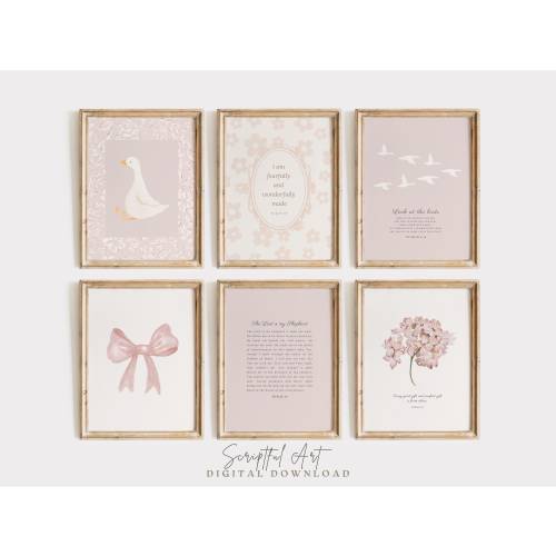 Pink Nursery Gallery Wall, Set of 6 Christian Boho Scripture Art, Psalm 23, Psalm 139, Matthew 6, Subtle Pink Bible Prints Digital Download