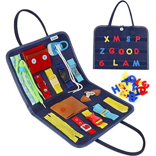Esjay Toddler Busy Board, Sensory Board for Fine Motor Skill, Montessori Toys Educational Learning Toddler Activities for 3+ Year Old, Travel Car Airplane Toys Gifts for Boys Girls,Blue Alphabet