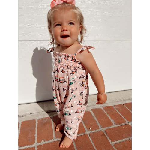 Pink Golf Cart / Organic Smocked Jumpsuit | 0-3M