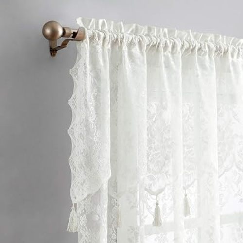 Warm Home Designs Pair of 2 Ivory Color Short Length 54” (W) x 63” (L) Semi Sheer Lace Curtain Panels & Attached Matching Valances with 6 Tassels. Classic Elegant English Rose Pattern. L Ivory 63”
