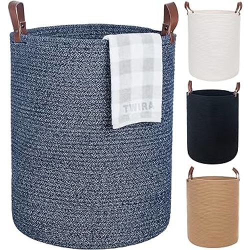 Extra Large 20x16 Inches Cotton Rope Basket, Woven Baby Laundry Blanket Basket with Leather Handle Toy Basket Storage Baskets Bin for Yoga Mat & Towel (Blue)