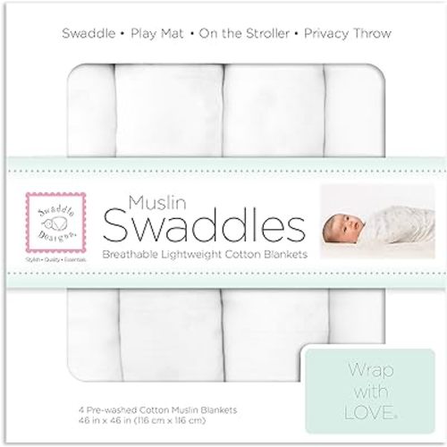 SwaddleDesigns Cotton Muslin Swaddle Blankets, Set of 4, Receiving Blankets for Baby Boys & Girls, Best Shower Gift, 46x46 inches, Pure White