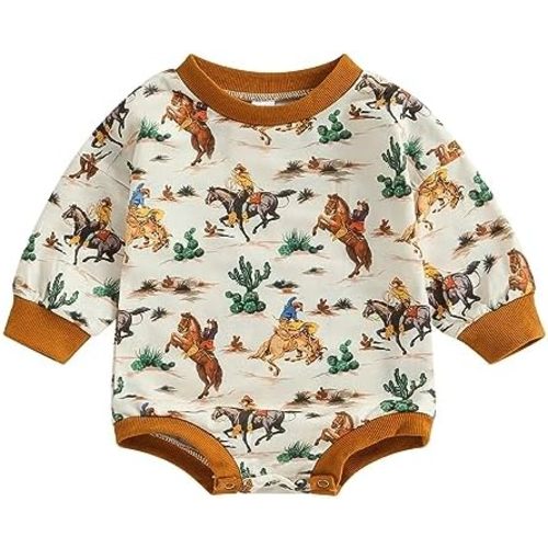SAYOO Western Cowboy Outfits Baby Girl Boy Sweatshirt Romper Cow Print Oversized Sweater Bodysuit Infant Fall Clothes 0-24M