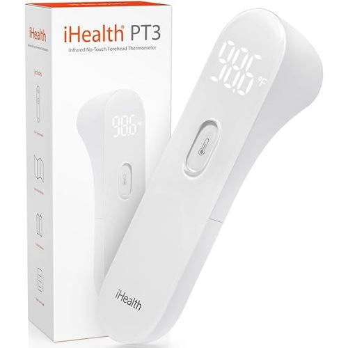 iHealth No-Touch Forehead Thermometer for Adults, Kids, Babies - FSA HSA Eligible, 3 Ultra-Sensitive Sensors, Quiet Vibration Feedback, Digital Large LED Digits, Easy to Use for Home & Nurses, PT3