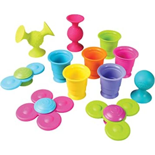 Fat Brain Suction Cup Toys Bundle - 3 PipSquigz, 3 Whirly Squigz Fidget Spinners, 6 Kupz Stackable Baby Toy Cups, BPA Free Sensory Toy Set in Zippered Storage Bag