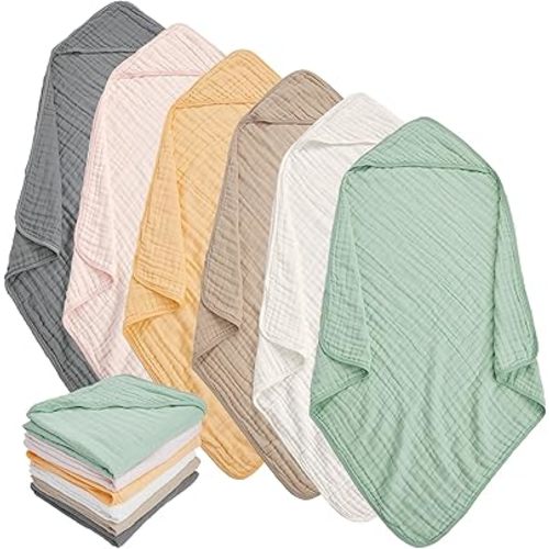 Muslin Hooded Baby Towels 6 Pack - 32x32 Inches, Premium 6-Layer 100% Cotton Extra Soft Absorbent Bath Towels for Infant, Newborn Gift Set (6 Pure Colors)