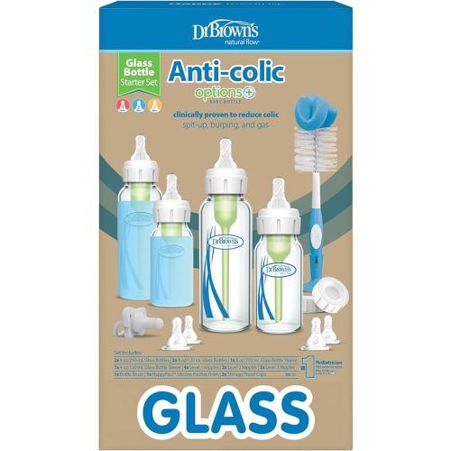 Dr. Brown's Natural Flow® Anti-Colic Options+™ Narrow Glass Baby Bottle Starter Set with Silicone Sleeves,Brush and Soft 100% Silicone HappyPaci™ Pacifier for Newborns