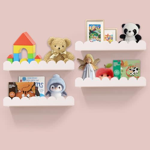Floating Nursery Book Shelves for Wall Set of 4, 16'' Wood Book Shelf for Baby Boys Girls Bedroom Bathroom and Décor Storage, Wall Shelf for Books, Plants, Toys, Photo Frames, Picture Ledge-White