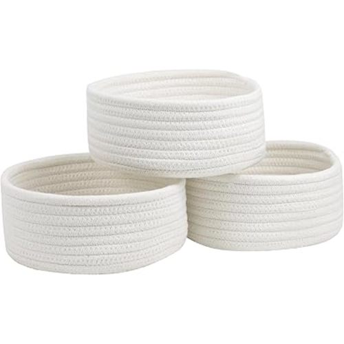 Small Basket, Set of 3 Small Woven Baskets, Cotton Rope Baskets for Organizing, Cute Mini Tiny Baskets for Nursery, Decorative Boho Round Storage Basket Bathroom Organization Bin