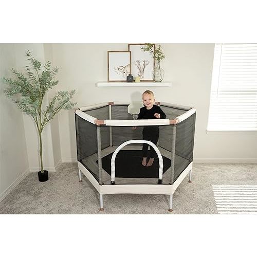 Kids Trampoline, Aesthetic Indoor and Outdoor Toddler Trampoline with Safety Net, Basketball Hoop, 220lb Capacity, Ultra Safe No-Gap Design, Gifts for Boys & Girls