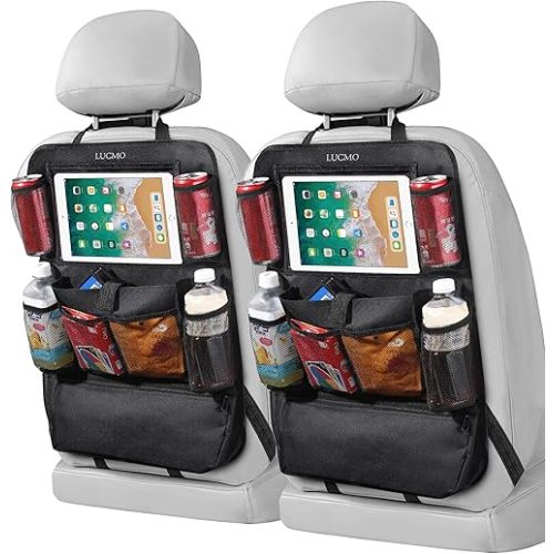 LUCMO Car Backseat Organizer with Touch Screen Tablet Holder-2 Pcs,9 Storage Pockets Car Storage Organizer, Protectors Kick Mats Travel Accessories for Kids-Black