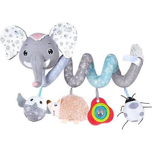 Jollybaby Baby Car Seat Stroller Toys, Plush Activity Hanging Spiral Activity Pram Crib with Music Box, Rattles, Squeaker for Babies Infant Boys Girls (SZ Gray Elephant)