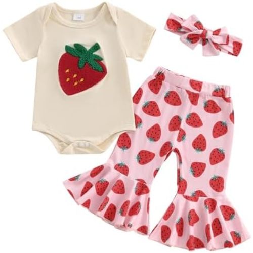 Baby Girl Summer Outfits Cherry/Strawberry Print Short Sleeve Romper Flare Pants and Bow Headband Set