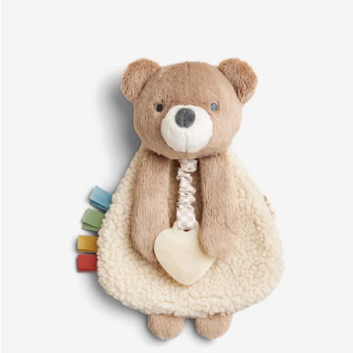 Itzy Ritzy - Itzy Lovey Including Teether - Baby Lovey with Teether, Textured Ribbons & Dangle Arms - Features Crinkle Sound, Sherpa Fabric and Minky Plush (Bear)