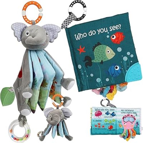 Fish Crinkle Books & Elephant Baby Rattle Toys for Newborn Babies Infants Toddlers 0-6, 6-12 and 12-18 Months, Books for 1-2 Year Old
