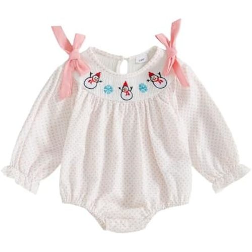 Newborn Infant Baby Girl Christmas Outfit Embroidery Long Sleeve Smocked Bubble Romper Ruffle Bodysuit