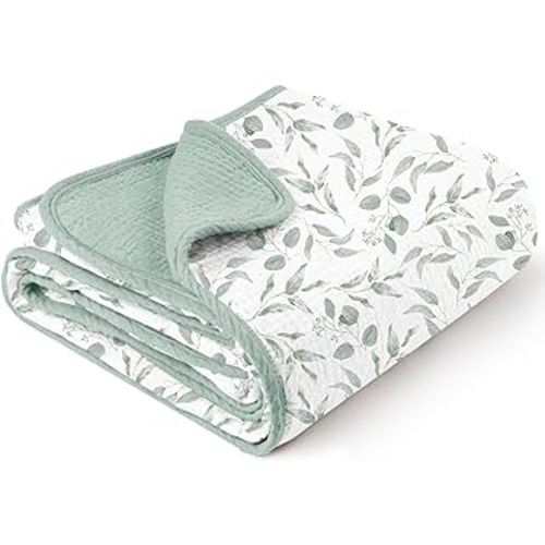 Konssy Muslin Baby Blankets for Girls, 100% Cotton Crib Blanket for Baby Infant Toddler, Super Soft and Lightweight Nursery Blankets 40"x36" (Green Watercolour)