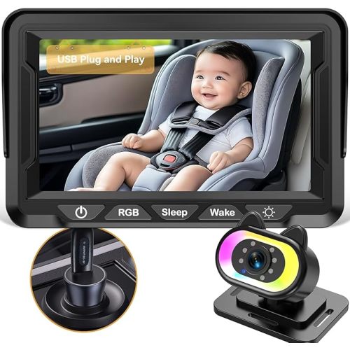 Baby Car Camera HD 1080P - 150° Wide Angle, Night Vision, Adjustable View, LED Lights, Easy Installation, Infant Safety, Rear Seat Monitoring for Car Travel