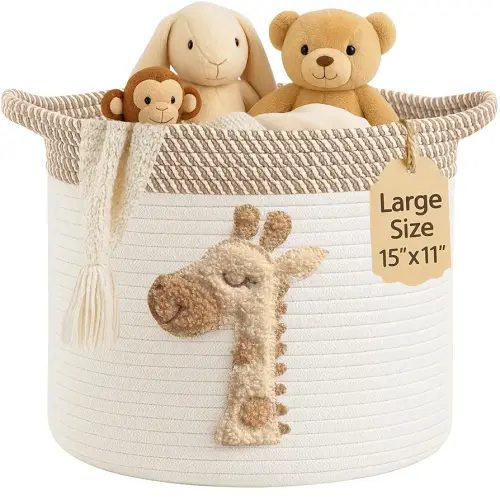 Giraffe Storage Basket for Nursery – Large 15”x11” Cotton Rope Bin with Soft Felt Animal Patch – Toy Organizer, Baby Laundry Hamper, Diaper & Towel Holder – Foldable, Washable & Baby-Safe
