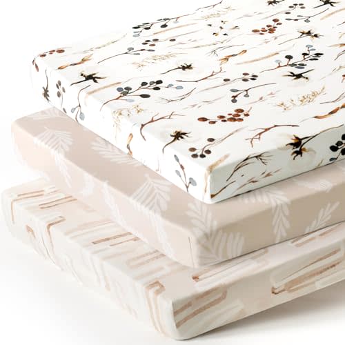 Stretchy Ultra Soft Jersey Knit Fitted Pack and Play Sheets 3 Pack, Portable/Mini Crib Sheets Safe and Snug Fitted for Boys and Girls, Stylish Pretty Flora for Baby, Beige