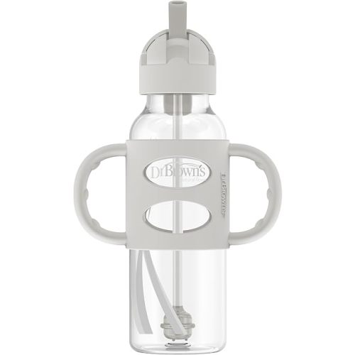 Dr. Brown's Milestones Narrow Sippy Straw Bottle, Spill-Proof with 100% Silicone Handles and Weighted Straw, 8 oz/250 mL, Gray, 6m+