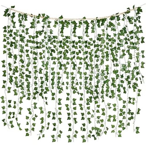 Mkono Hanging Fake Vines for Bedroom Wall Decor Artificial Plant Leaves with Wood Beads Set Indoor Greenery Ivy Garland for Living Room Apartment Christmas Wedding Party Teen Girl Room
