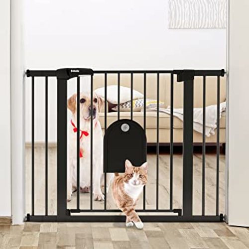 Babelio Auto Close Baby Gate with Small Cat Door, 29-43" Metal Cat Gate for Doorway, Stairs, House, Easy Walk Thru Dog Gate with pet Door, includes 4 Wall Cups and 3 Extension Pieces, Black