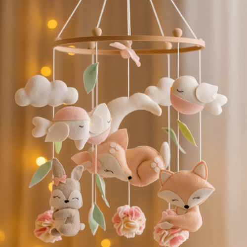 Soft Pastel Woodland Felt Baby Mobile — Handmade Fox, Deer & Bird Crib Mobile - Cozybabywear