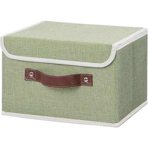 Baby memory box- ANMINY Storage Bin with Lid Storage Boxes with PU Leather Handles PP Plastic Board Decorative Foldable Lidded Cotton Linen Fabric Home Cubes Baskets Closet Organizer Container - Green, Small Size