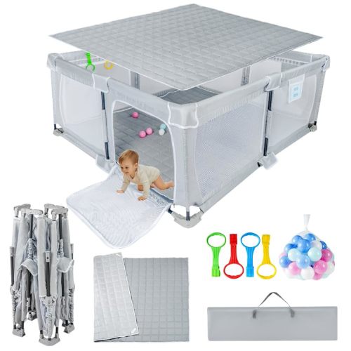 Nvlirun Foldable Baby Playpen 50"x50"，Playpen for Babies and Toddlers with Mat，Foldable playpen with Door，Indoor and Outdoor Baby Fence Play Area (Light Gray, Foldable 50"x50" with Mat)