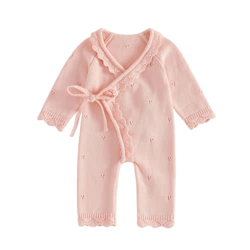 Kupretty Newborn Girl Outfit Baby Sweater Knit Romper Jumpsuit | Coming Home Outfit Baby Girl Knit Clothes Kimono Wrap Romper Fall Winter Clothes Long Sleeve Side Tie Footless Jumpsuit