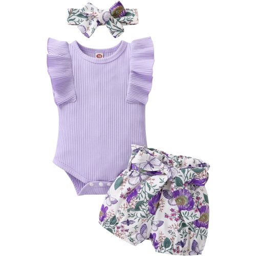 Baby Girl Clothes Infant Summer Outfits Set Ruffle Sleeve Romper and Floral Shorts with Headband