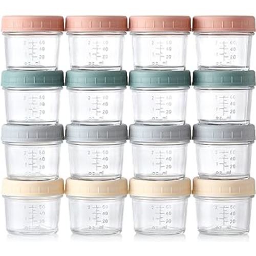 VITEVER 16 Pack Glass Baby Food Storage Containers, 4 oz Baby Food Jars with Plastic Lids, Small Baby Food Maker, Reusable Infant Freezer Container, Microwave, Dishwasher & Freezer Safe, BPA Free