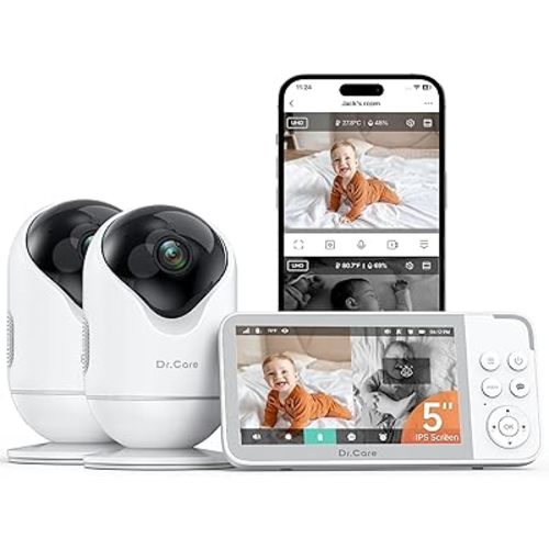 Dr.Care VistaView 5” Smart WiFi Baby Monitor with 2 Camaras - 2K Camera App Control & 1080P Split Screen, Cry & Motion Detection, Pan-Tilt-Zoom, HD Night Vision, Video Recording, Triple Security